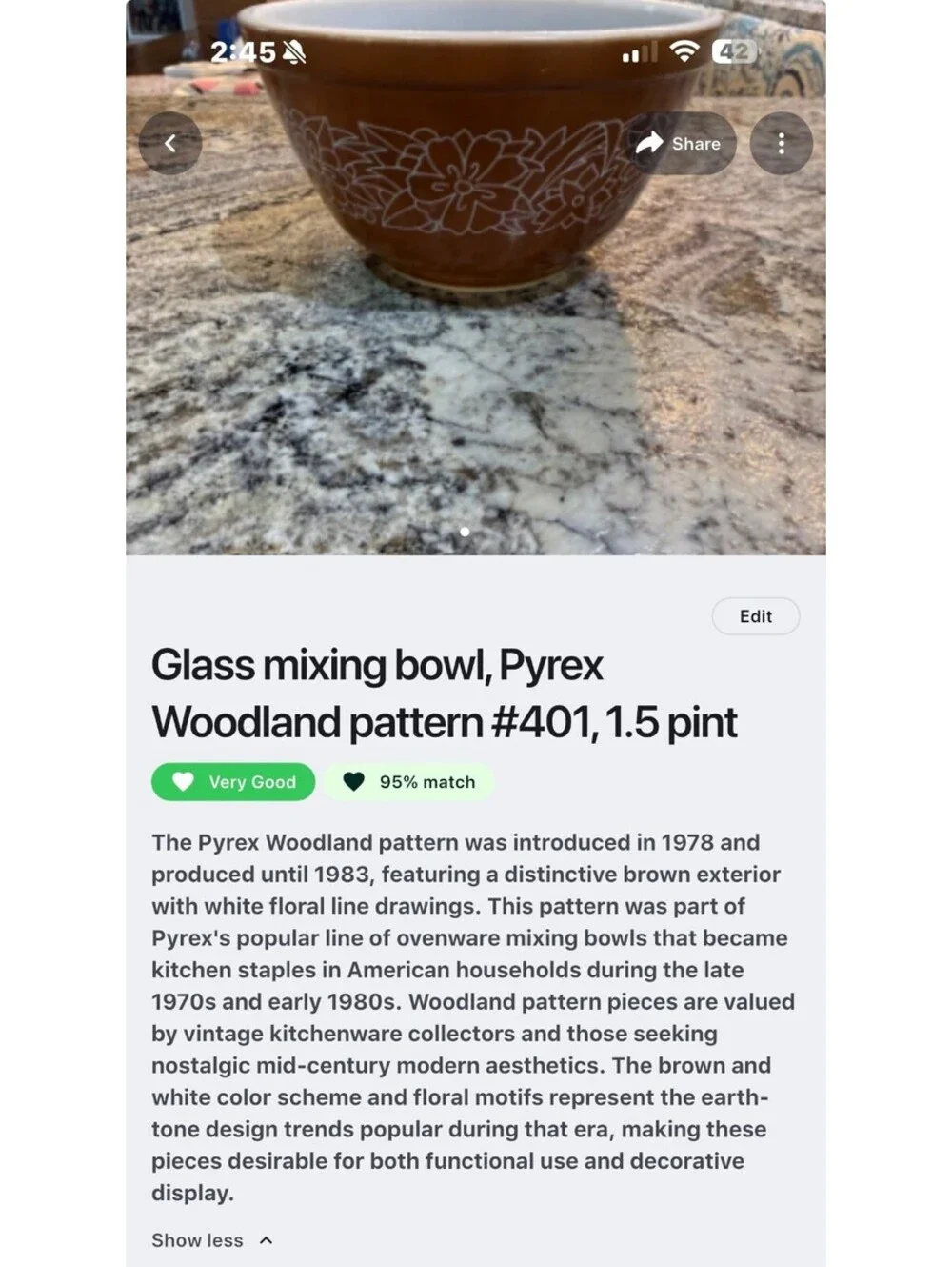 Pyrex Woodland Pattern #401 Glass Mixing Bowl 1.5 Pint